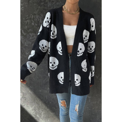 Skull Print Black Knit Cardigan