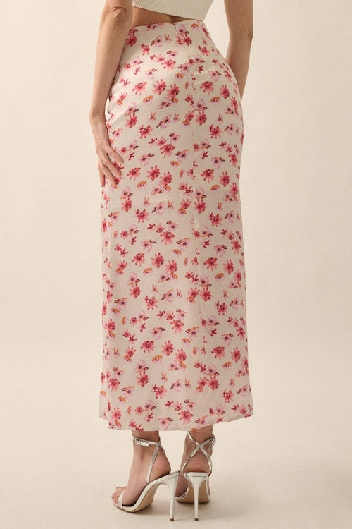 Floral Chiffon Curve Button-Front Maxi Skirt