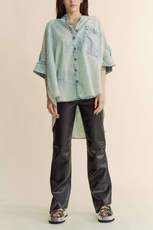 Washed Denim Fringe Hem Shirt