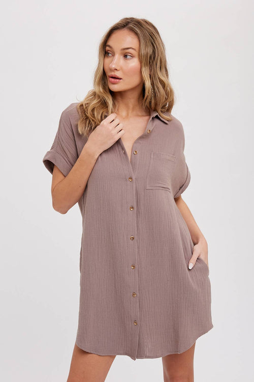 BUTTON UP SHIRT DRESS WITH POCKET