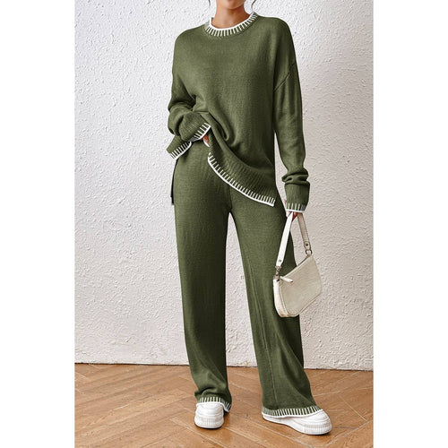 Knit Color Block Loose Edged Sweater And Pant Set