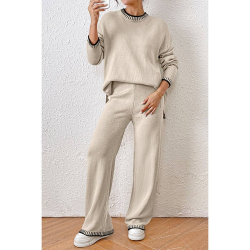 Knit Color Block Loose Edged Sweater And Pant Set