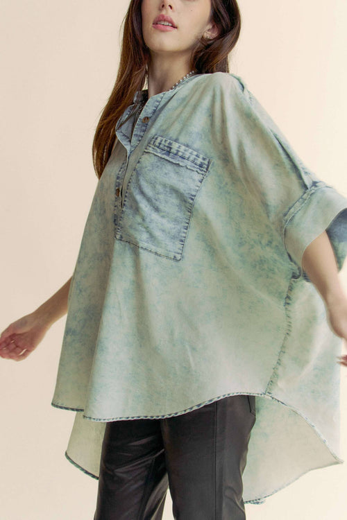 Washed Denim Fringe Hem Shirt