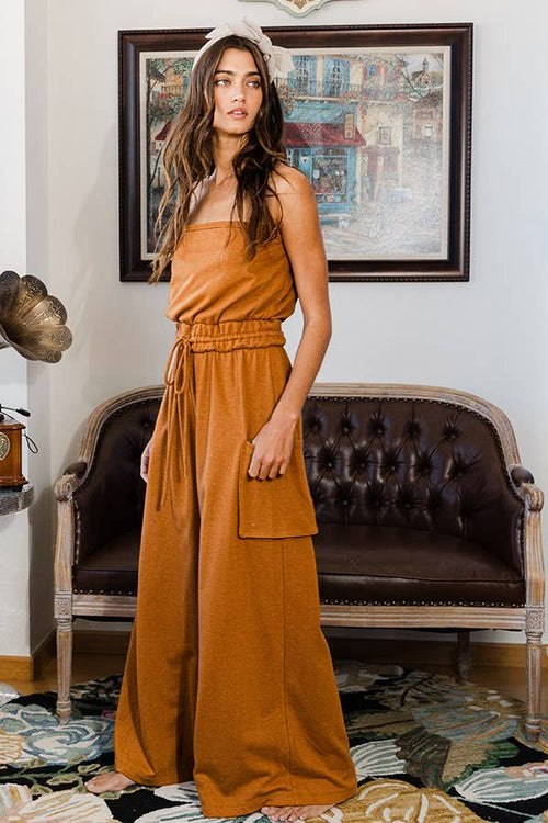 Camel Drawstring waist Strapless Jumpsuit