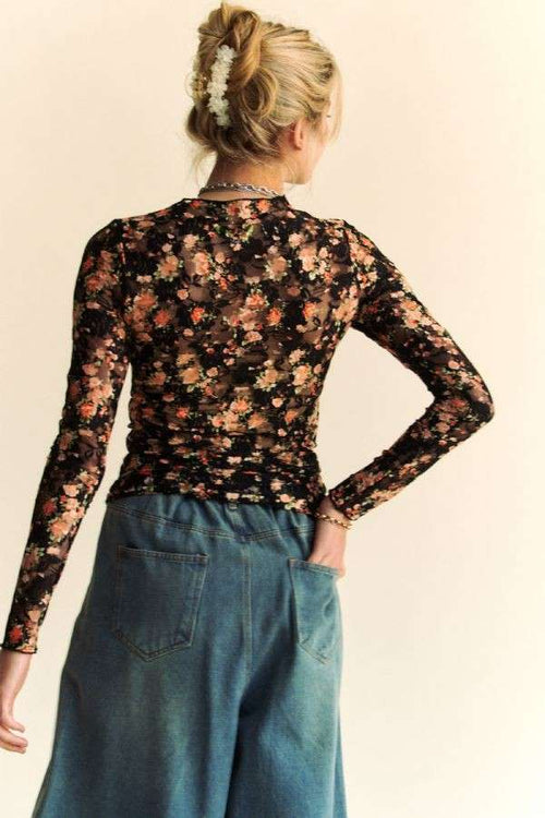 FLORAL PRINT MESH LONG SLEEVE LAYERING TOP