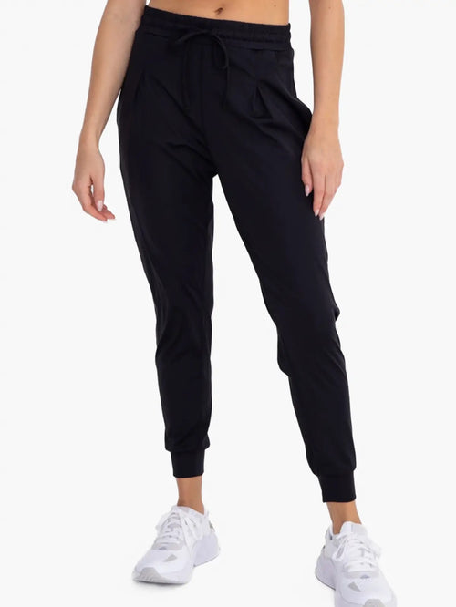 Black front pleated joggers