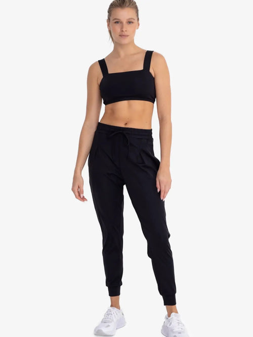 Black front pleated joggers