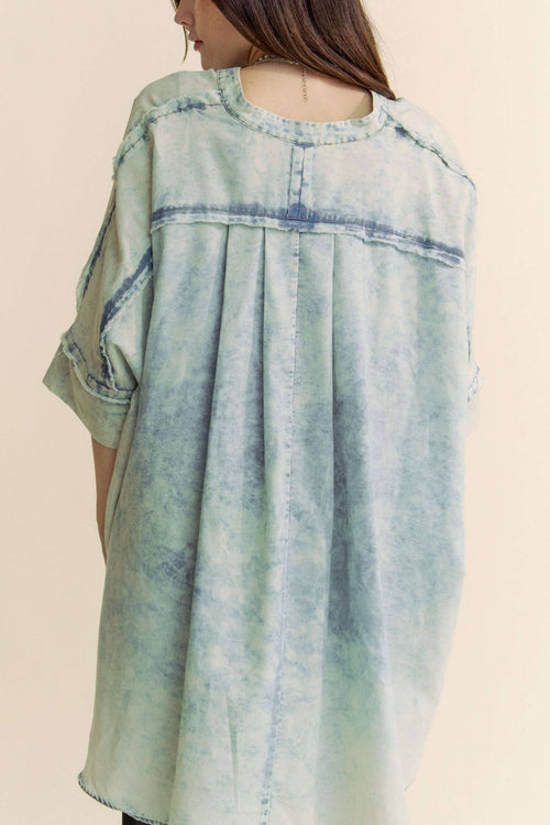 Washed Denim Fringe Hem Shirt