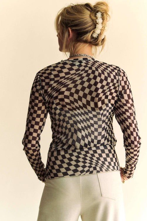 Black and White Checked Long Sleeve Sheer Top