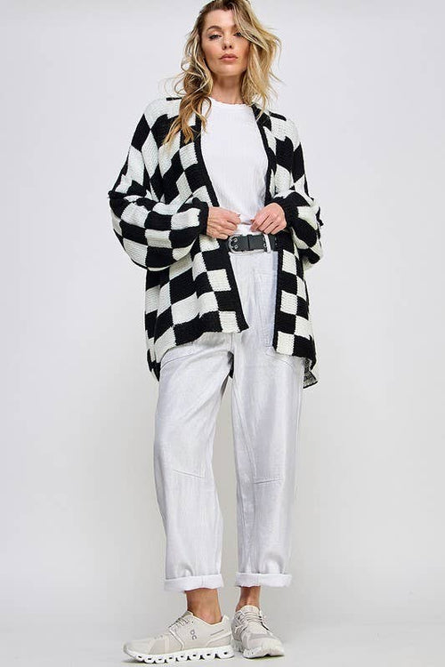 Checked Back and White Open Front Cardigan