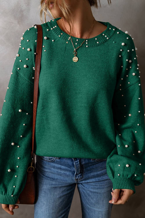 Green Round Neck Pearl Pullover Sweater