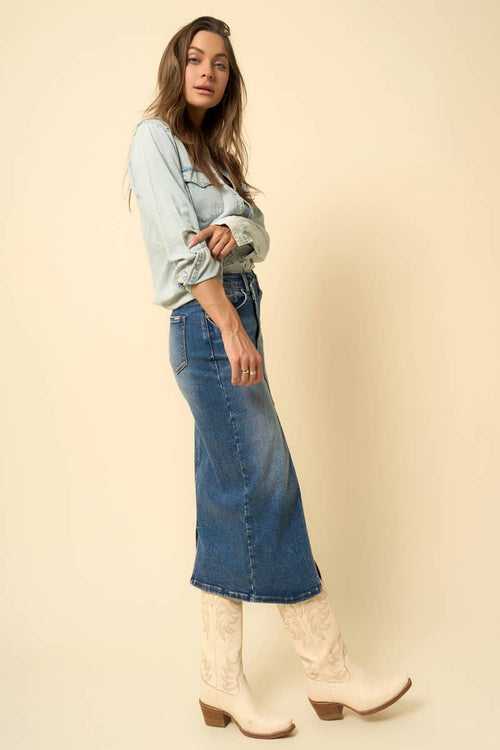 DENIM CROSSOVER MIDI SKIRT