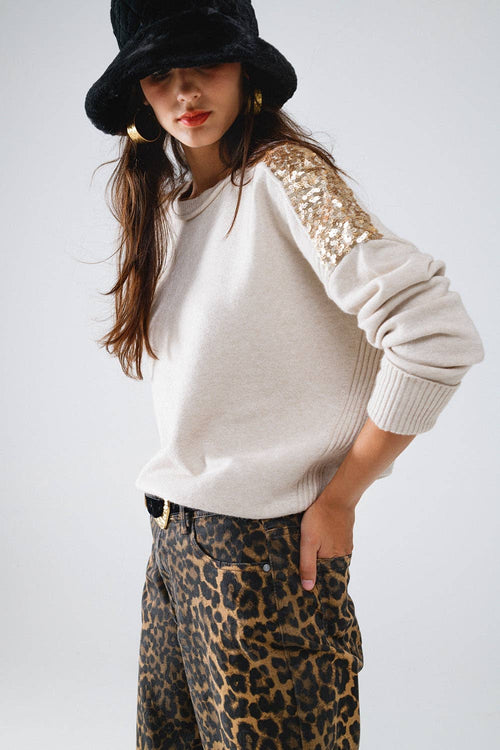 Beige Long Sleeve Sweater With Sequin Shoulders