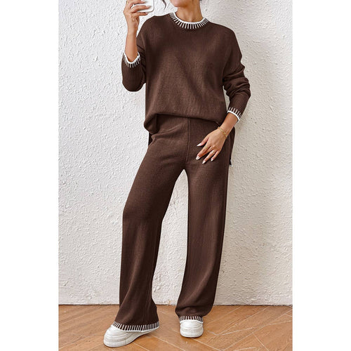 Knit Color Block Loose Edged Sweater And Pant Set