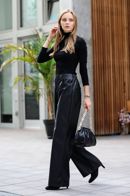 VEGAN LEATHER HIGH WAIST WIDE LEG PANTS WITH POCKETS