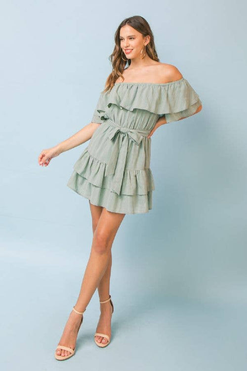 Sage Woven Off the Shoulder Dress