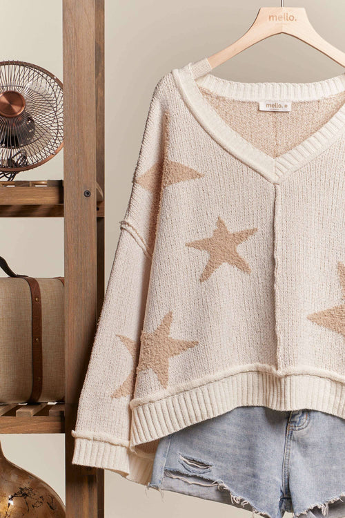 Wide V Neck Loose Fit Sweater with Star Printed