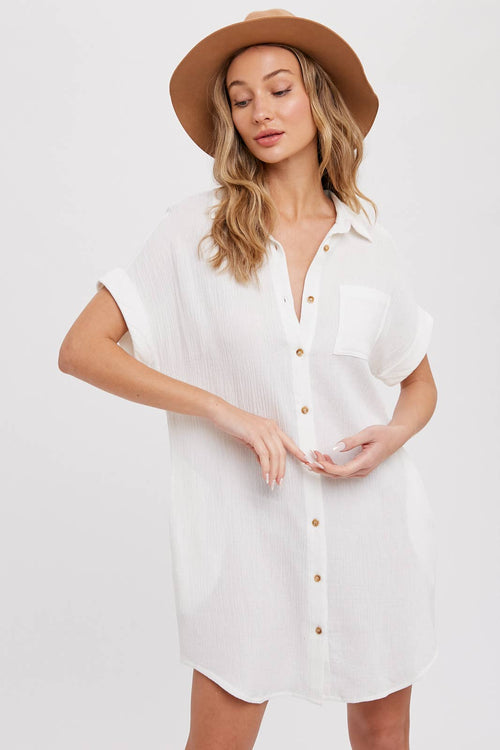 BUTTON UP SHIRT DRESS WITH POCKET