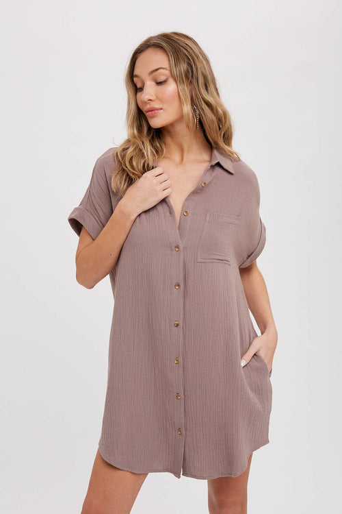 BUTTON UP SHIRT DRESS WITH POCKET