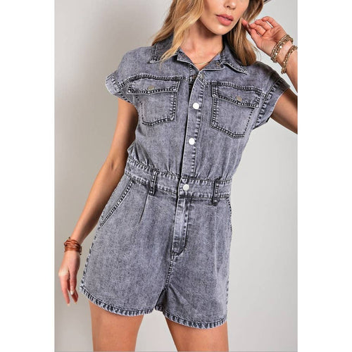 DENIM COLLARED BUTTON DOWN ROMPER