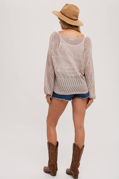 OPEN KNIT BOAT-NECK PULLOVER