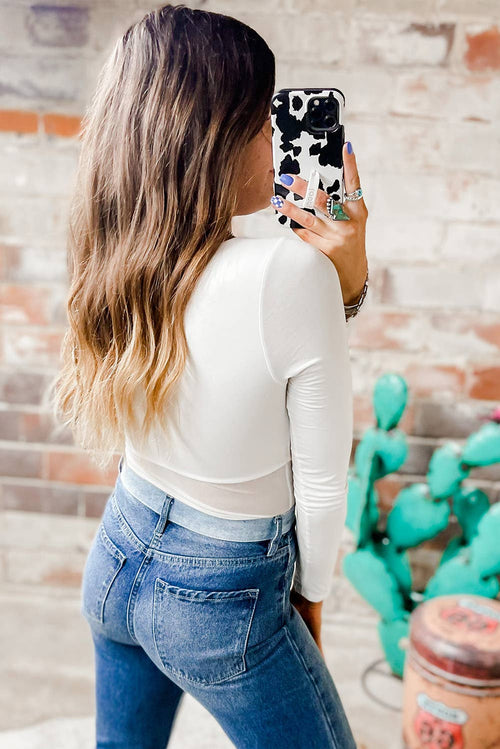 White Long Sleeve Bodysuit with Mesh Cut Outs