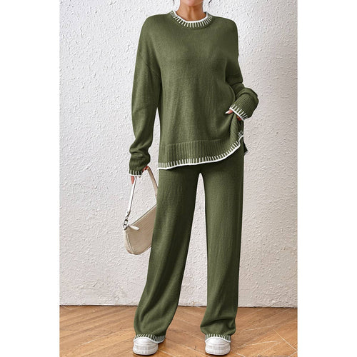 Knit Color Block Loose Edged Sweater And Pant Set