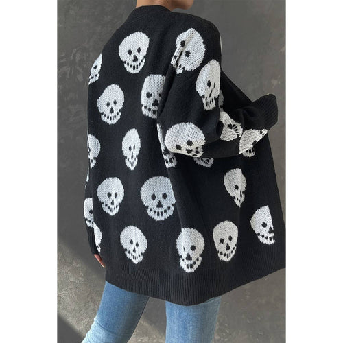 Skull Print Black Knit Cardigan