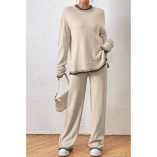 Knit Color Block Loose Edged Sweater And Pant Set