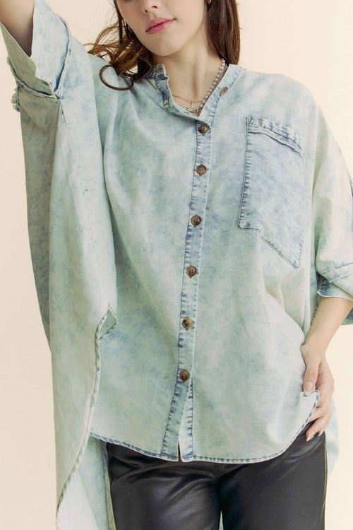 Washed Denim Fringe Hem Shirt