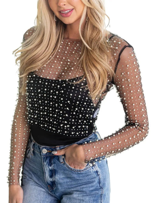 Pearl and Rhinestone Sheer Mesh Top