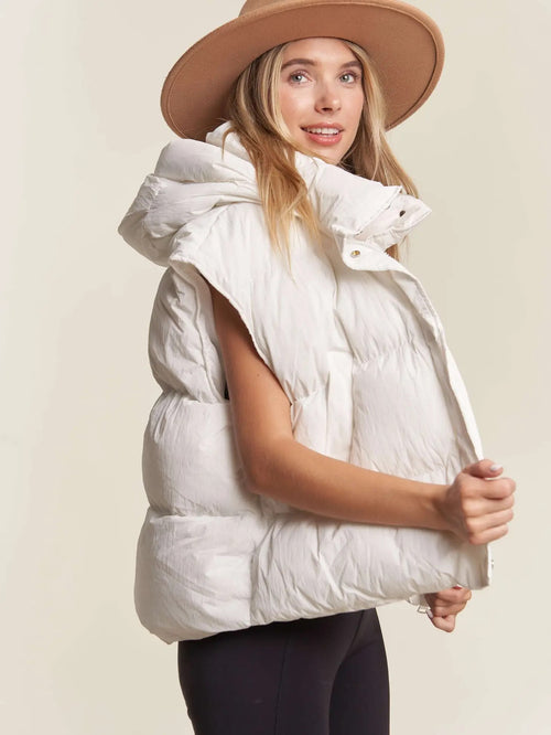 White Front Zip Up Puffy Hooded Vest