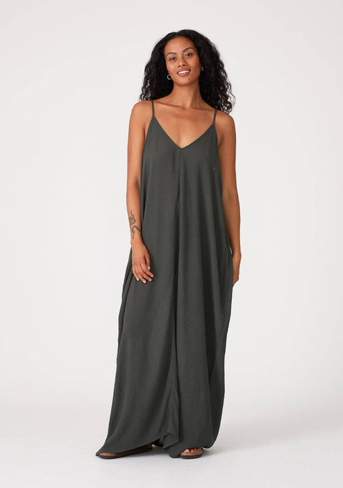 Crinkled Rayon Gauze Sleeveless V-Neck Maxi Dress